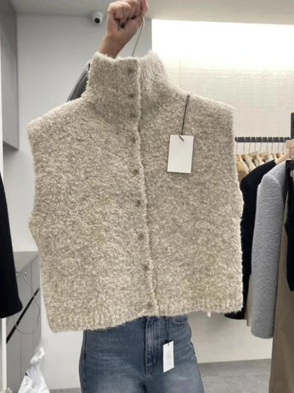 Women's bouclé-look knitted vest with turtleneck, sleeveless