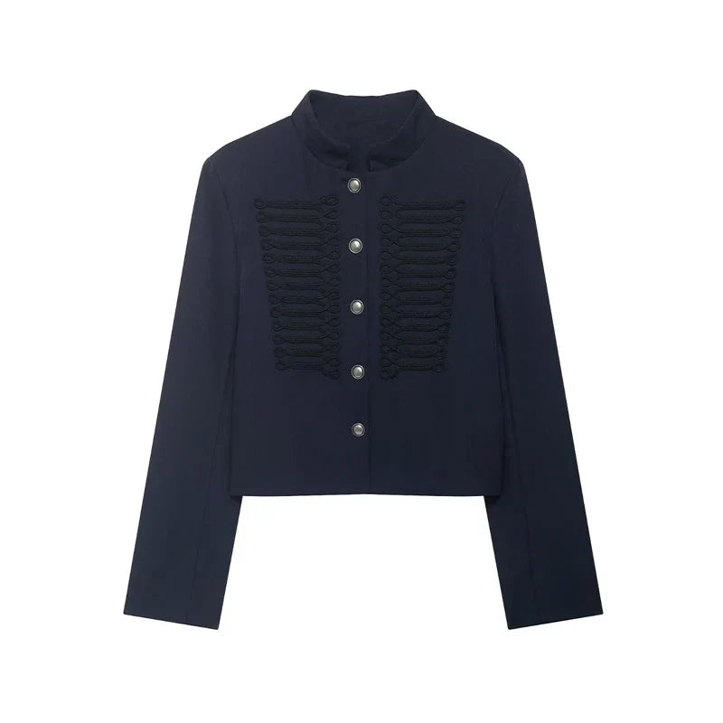 Kurze Marineblaue Jacke mit Stehkragen und Zierknöpfen