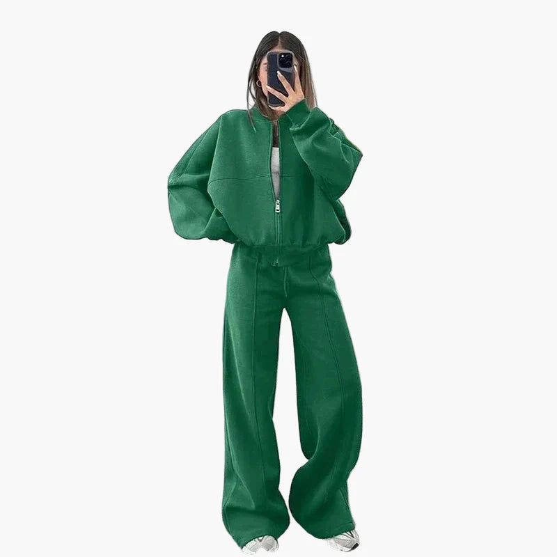 Women's Oversize Casual Suit Two-Piece with Wide Pants and Zipper Jacket – Casual Streetwear Look