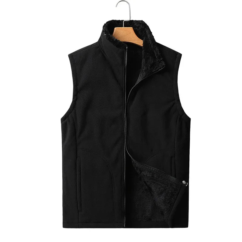 Unisex fleece vest with stand-up collar and plush lining for men and women