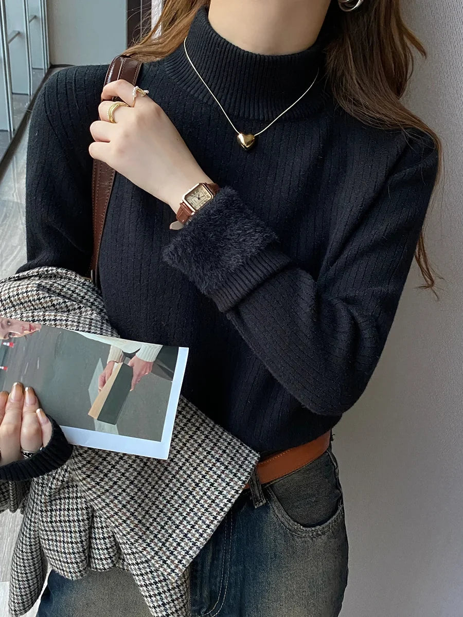 Damen Rollkragen Rippstrick Pullover mit Plüschfutter