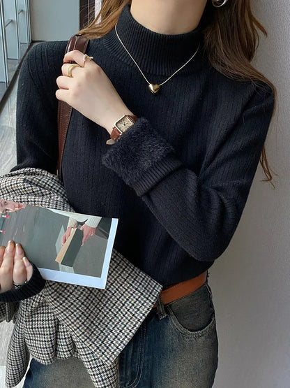Damen Rollkragen Rippstrick Pullover mit Plüschfutter