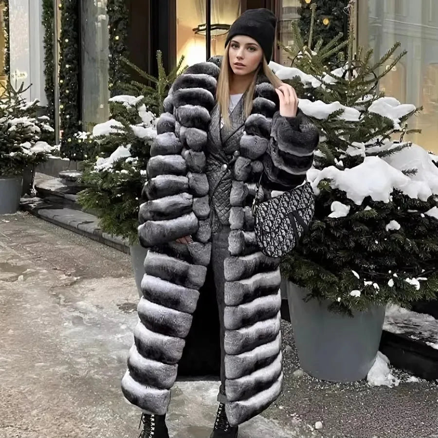 Damen Langer Faux-Pelz-Mantel Gestreift Schwarz-Weiß Warmer Wintermantel