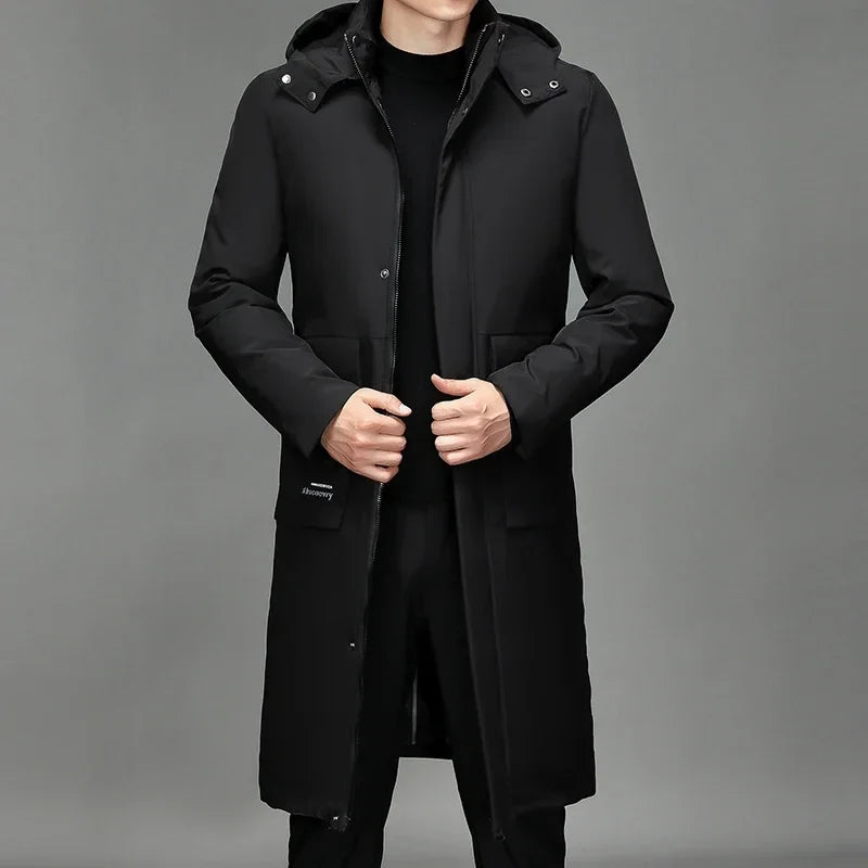 Men's winter parka with hood, long cut, black