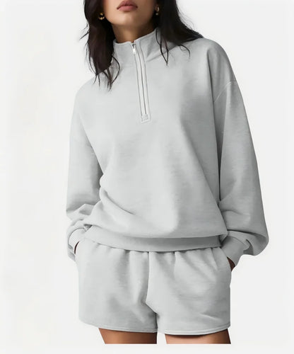 Two-piece loungewear set with stand collar and shorts, light gray
