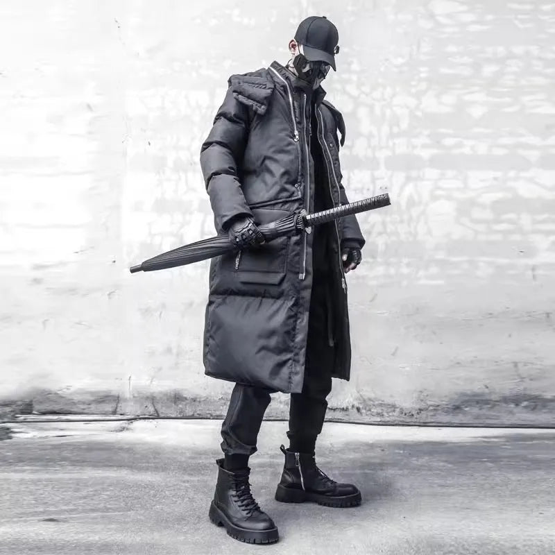Long black men's quilted winter coat with hood and zippers