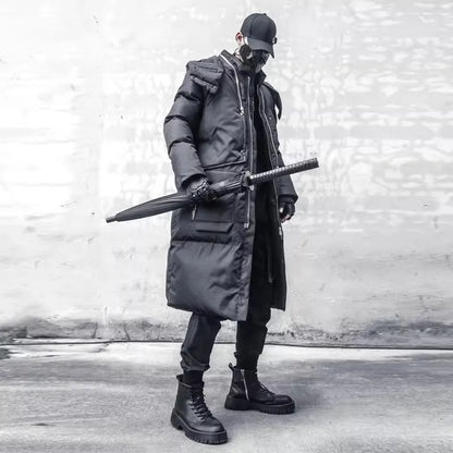 Long black men's quilted winter coat with hood and zippers