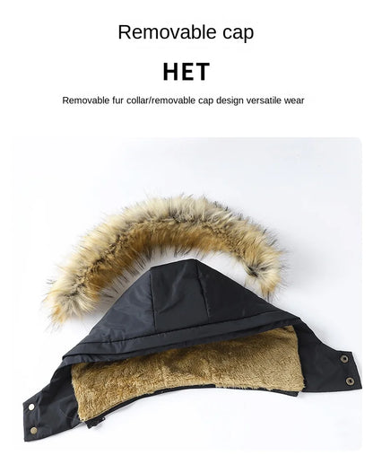 Men's winter parka with removable faux-fur trim on hood, lined jacket