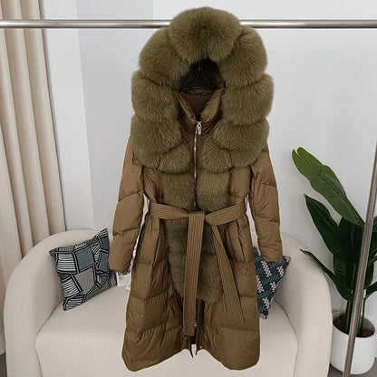 Damen Daunenmantel mit Pelzkapuze und Bindegürtel, gepolstert, lange Winterjacke