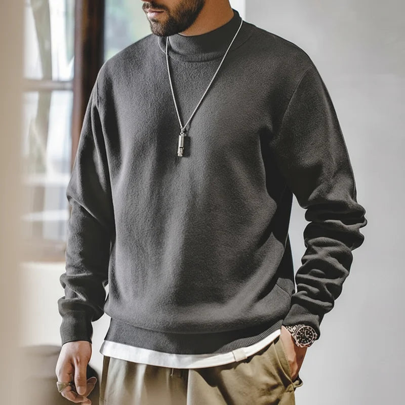 Men's mock-neck fine-knit sweater long-sleeve solid color
