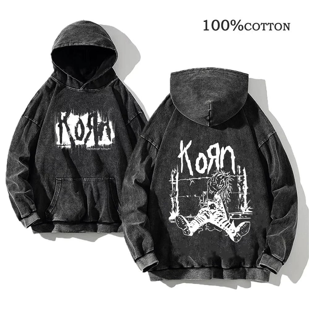 Hoodie Schwarz Grau Washed Oversize mit Band-Print Vorn & Hinten