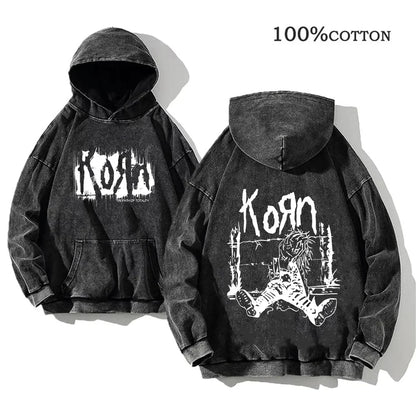 Hoodie Schwarz Grau Washed Oversize mit Band-Print Vorn & Hinten