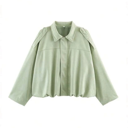Women's cropped short transition jacket with lapel collar and long sleeves