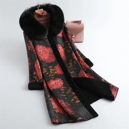 Women's Long Winter Coat with Fur Collar & Pattern Elegant Winter Jacket