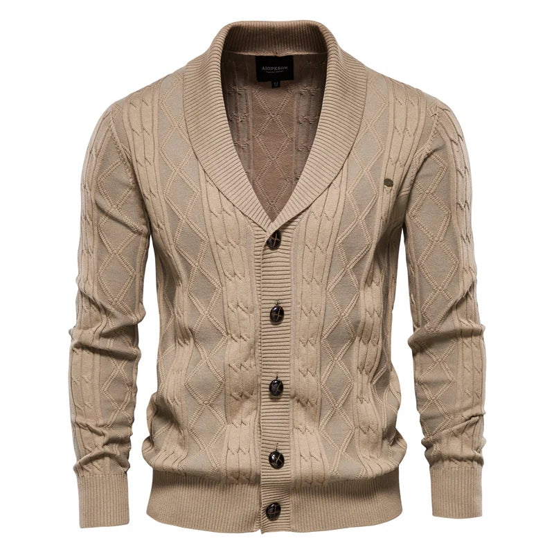 Men's shawl-collar cardigan with diamond pattern and button placket