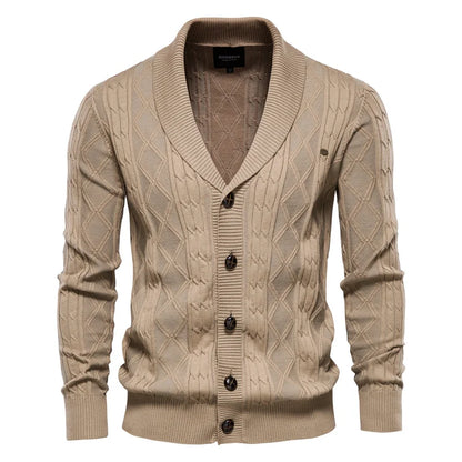 Men's shawl-collar cardigan with diamond pattern and button placket