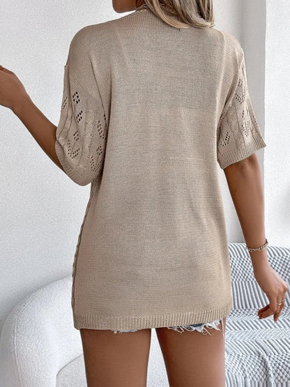 Women's short-sleeve knitted cardigan with open-knit pattern and open front