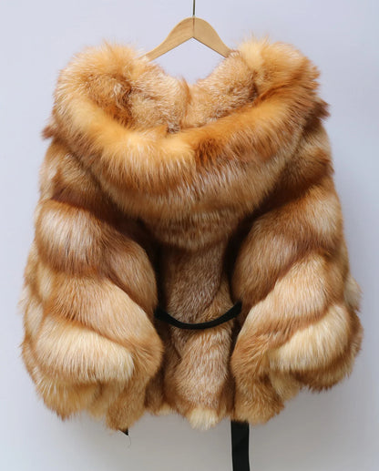 Fur coat with hood and striped pattern, short winter coat