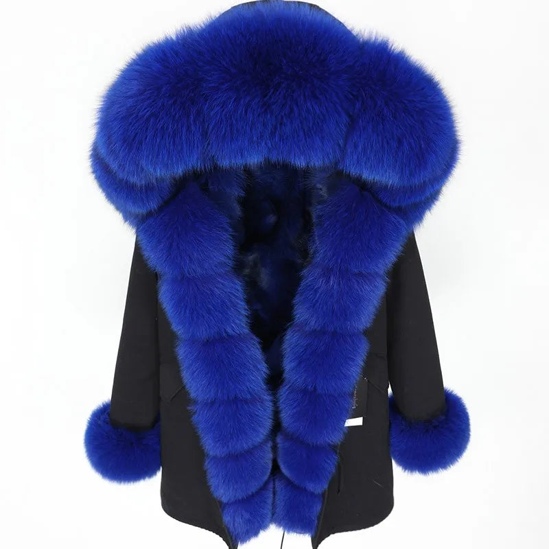 Women's winter parka with pink faux fur lining & hood