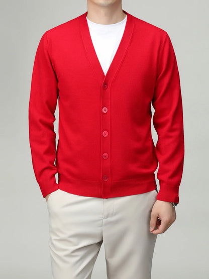 Men's V-neck cardigan with button placket, plain