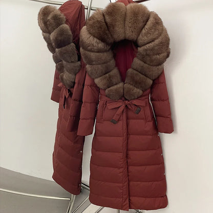 Damen Winter Steppmantel Lang mit Kunstfellkragen Bindegürtel