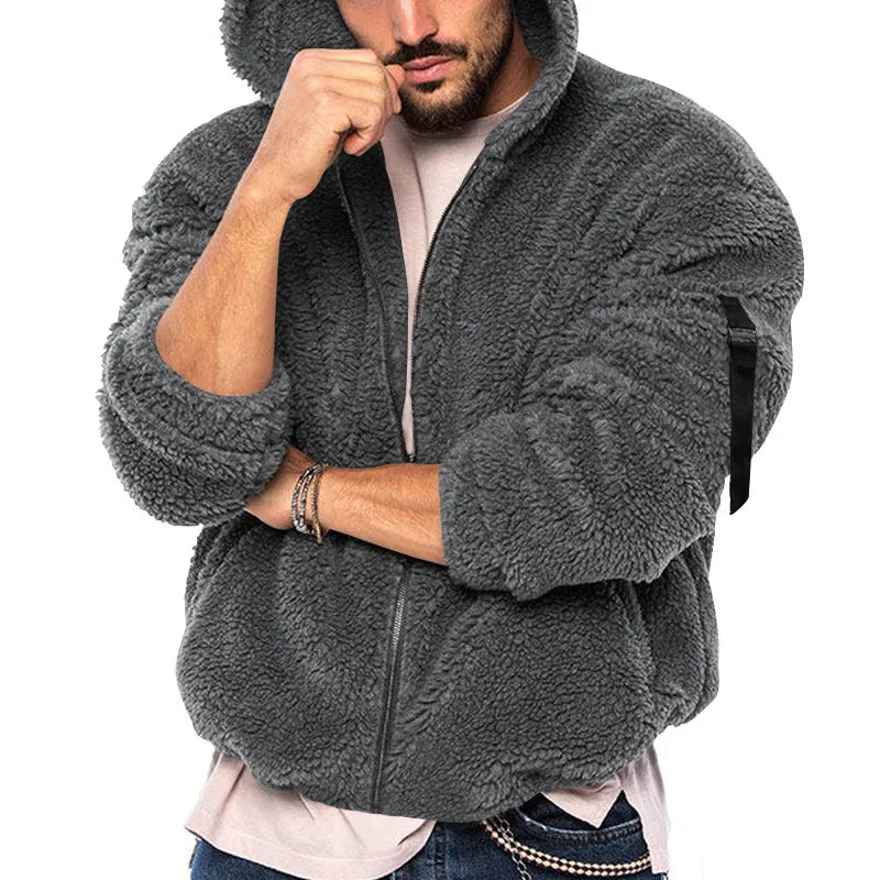 Men's teddy fleece hooded jacket with zipper and pockets