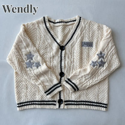 Strickjacke Damen V-Ausschnitt Zopfmuster Sterne Crèmeweiß