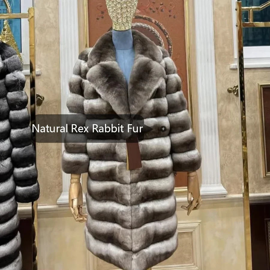 Women's Faux Fur Coat with Wide Collar and Striped Pattern
