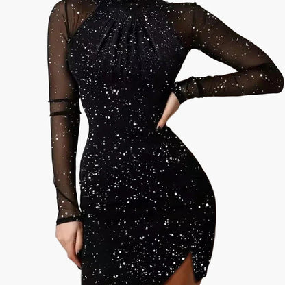 Women's bodycon mini dress with glitter effect and transparent sleeves – elegant party and evening dress
