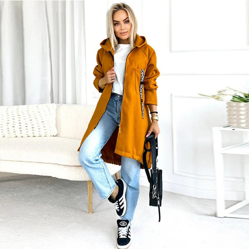 Women's long hooded jacket with zipper, solid color, relaxed fit
