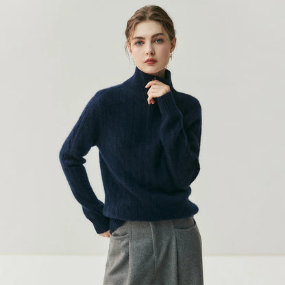 Women's cable-knit sweater with zipper, high collar, gray