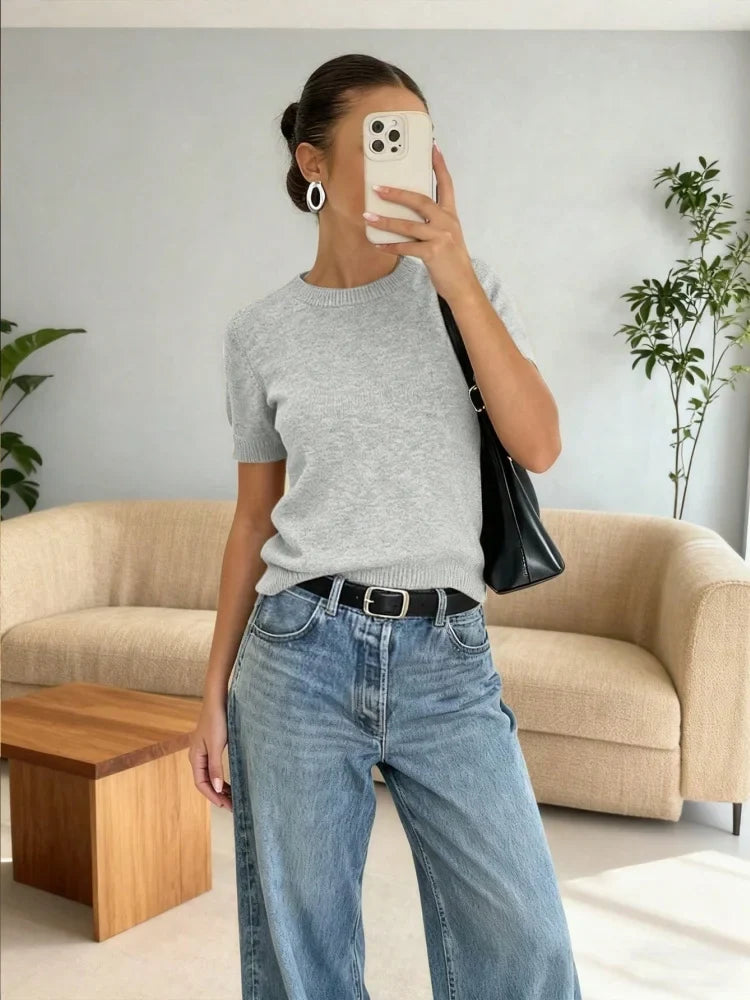 Women's beige short-sleeve knit top, crew neck, sweater