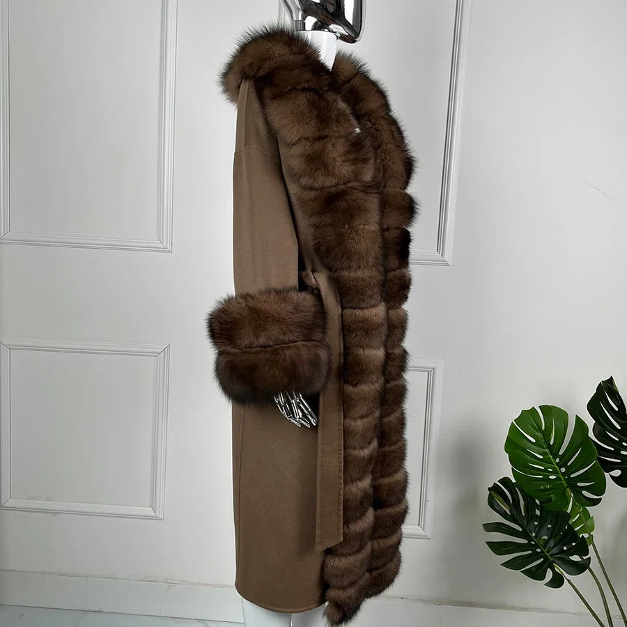 Women's Brown Winter Coat with Fur Collar and Fur Trim