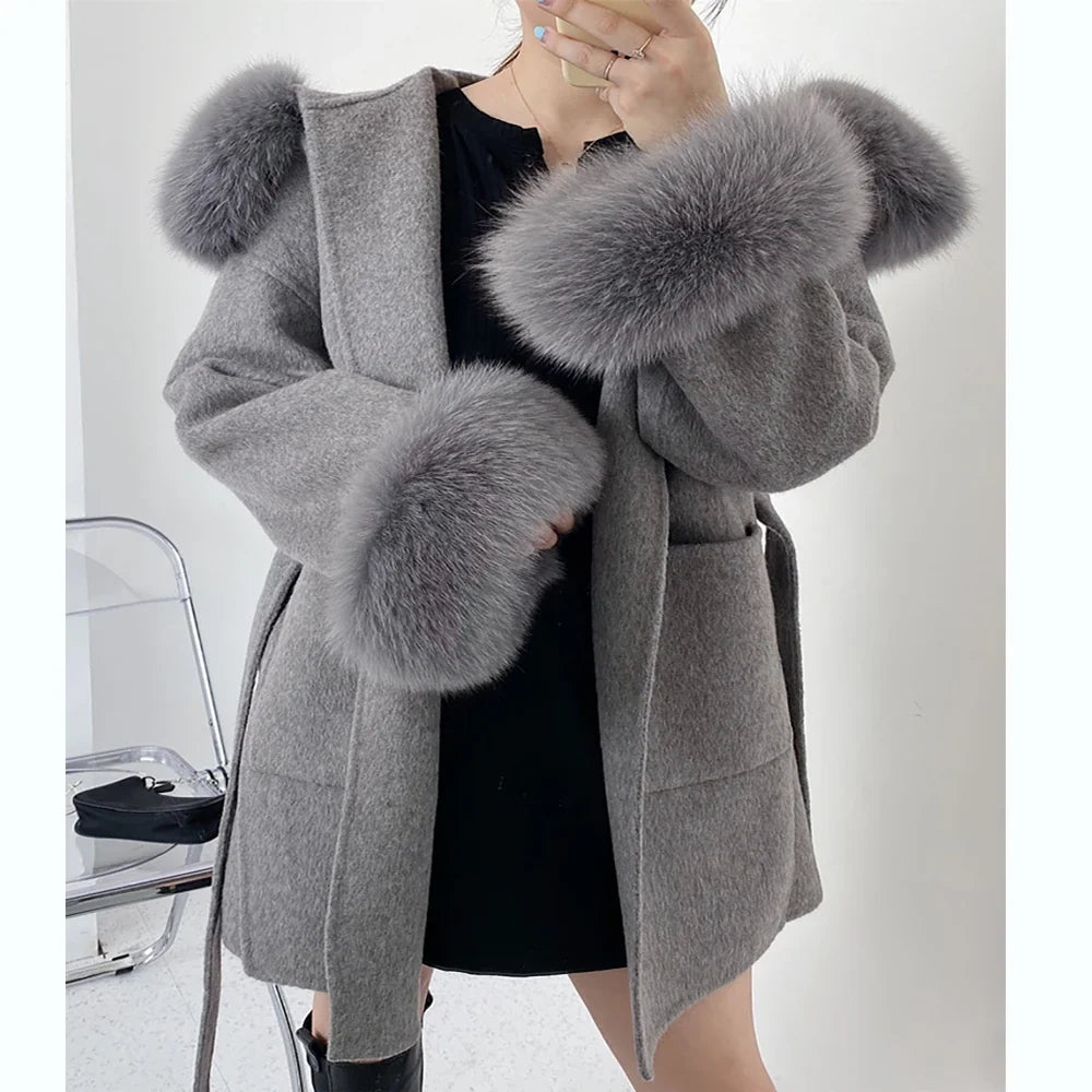 Women's Short Coat with Fur Collar and Fur Cuffs, Belted Wrap Coat