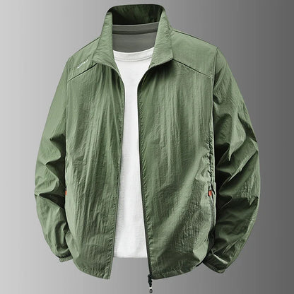 Lightweight men's windbreaker jacket with stand collar and zipper