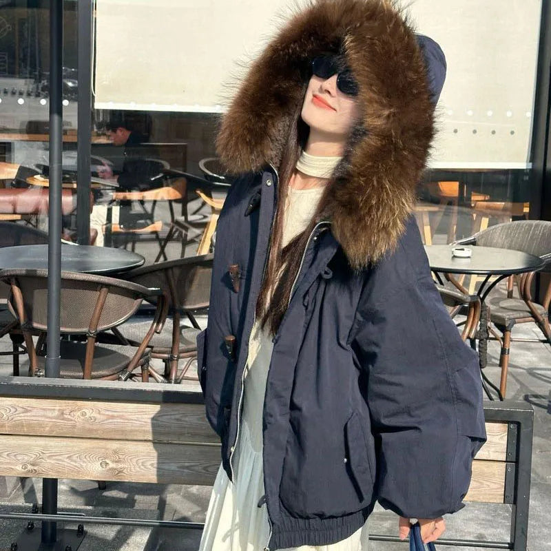 Women's quilted jacket with faux fur hood & toggle buttons
