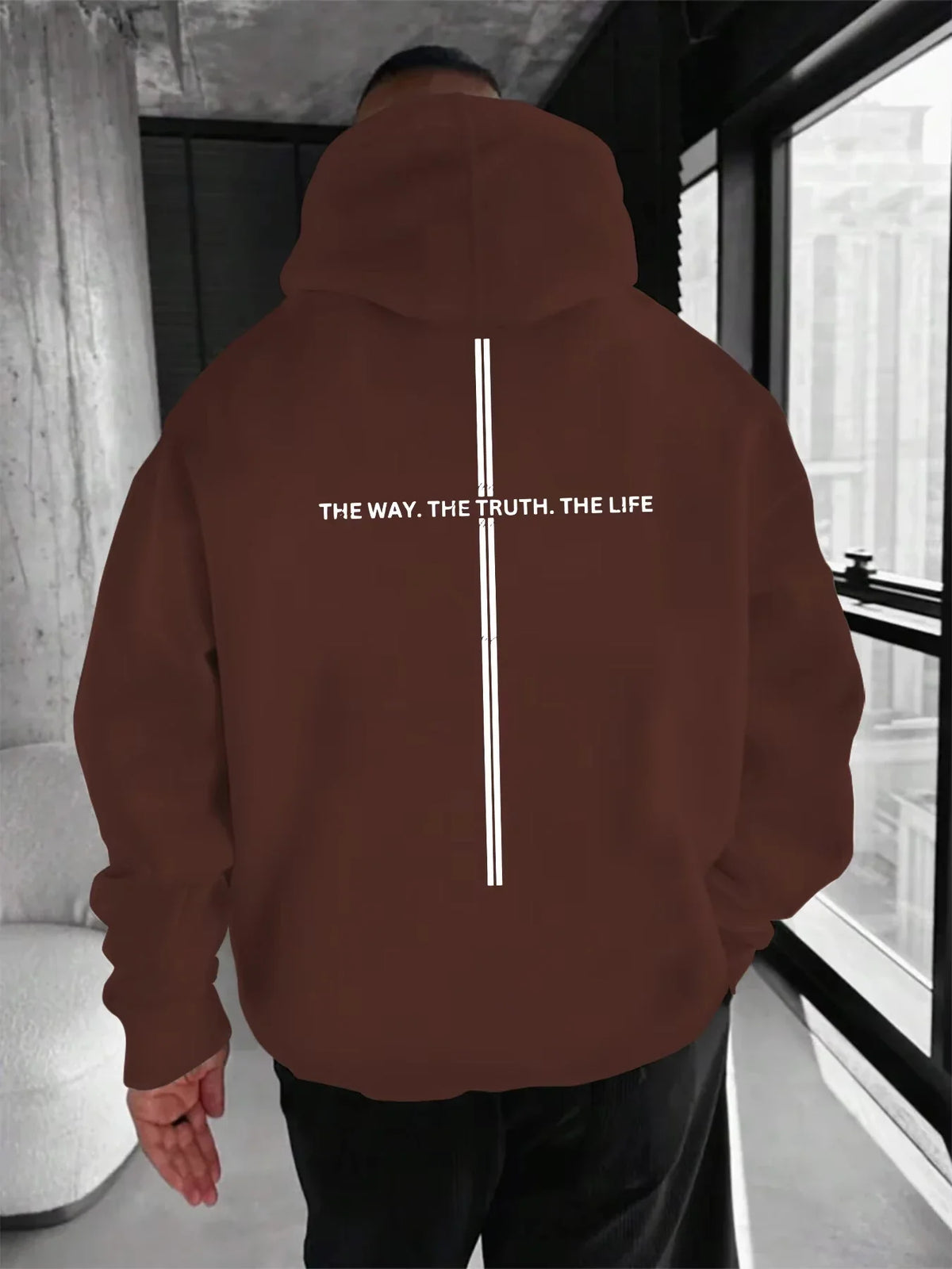 Men's Hoodie with "THE WAY. THE TRUTH. THE LIFE." Print and Stripe Design on the Back, Loose Fit