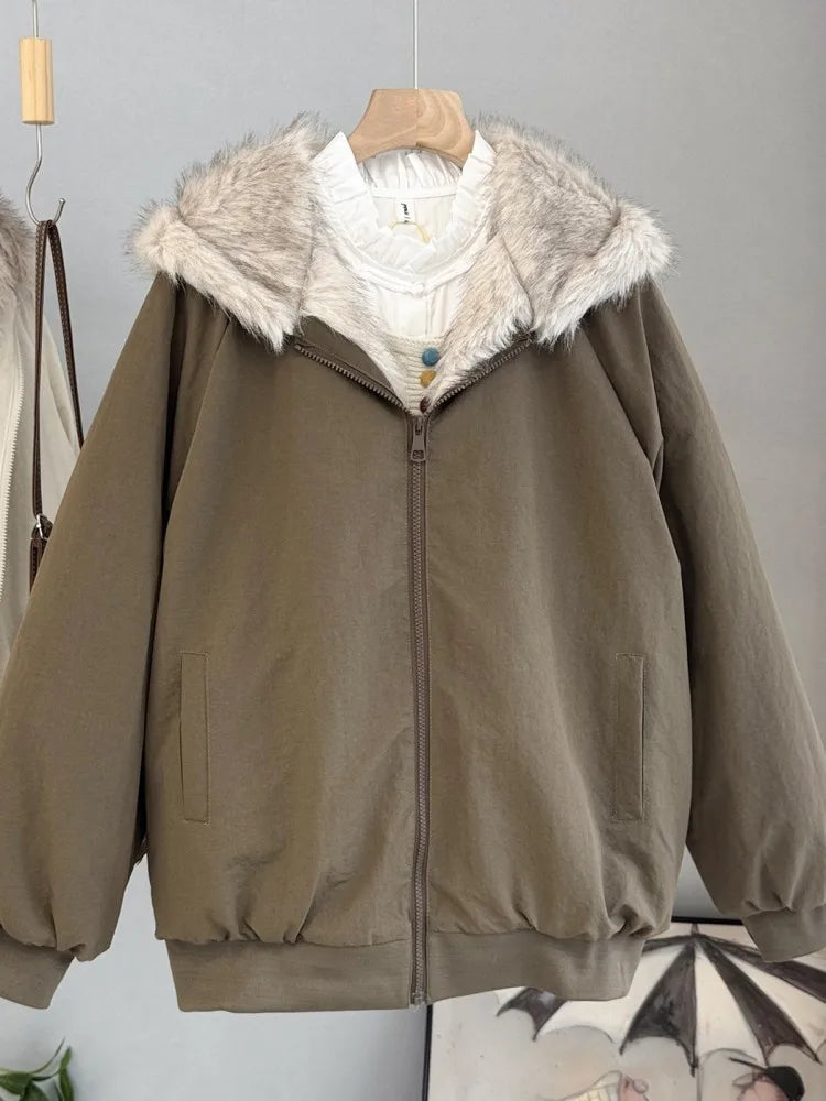 Damen Bomberjacke mit Kapuze Pelzimitat Futter Reißverschluss khaki