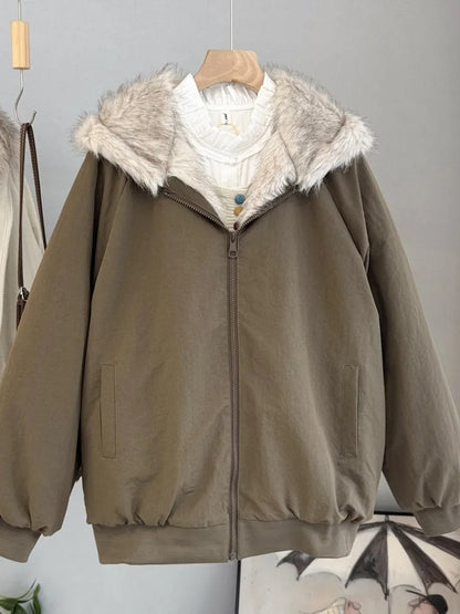 Damen Bomberjacke mit Kapuze Pelzimitat Futter Reißverschluss khaki