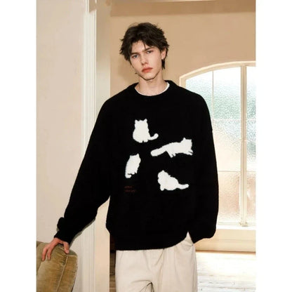 Unisex Pullover mit Katzenmotiv, Rundhals, oversized