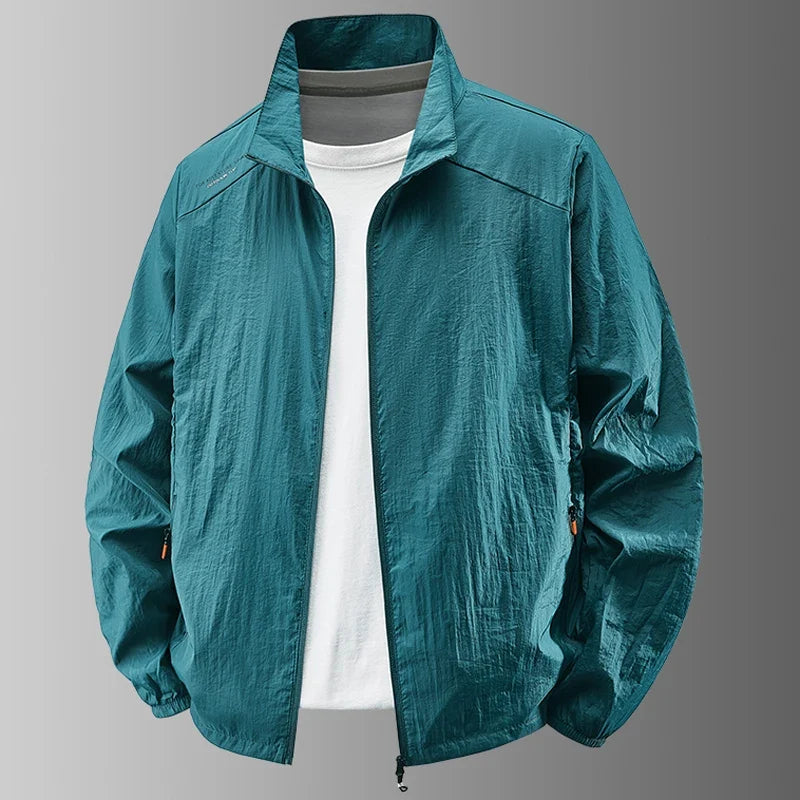 Lightweight men's windbreaker jacket with stand collar and zipper