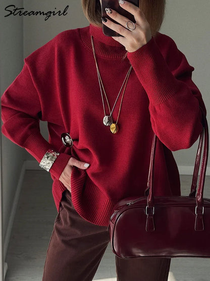 Women's oversized turtleneck knitted sweater long sleeves