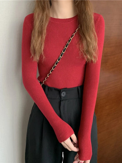 Women's ribbed long-sleeve sweater, crew neck, top