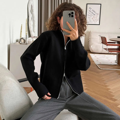 Damen Strickjacke mit Reißverschluss und Stehkragen, langärmlig