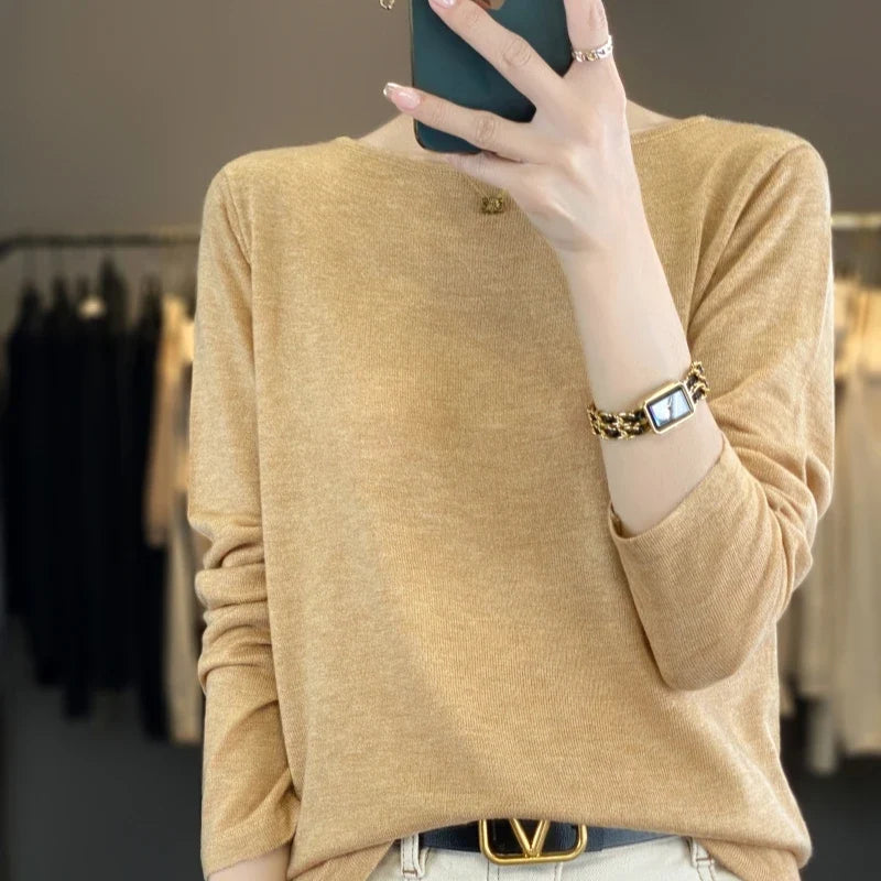 Damen Langarm Oberteil Pullover mit U-Ausschnitt