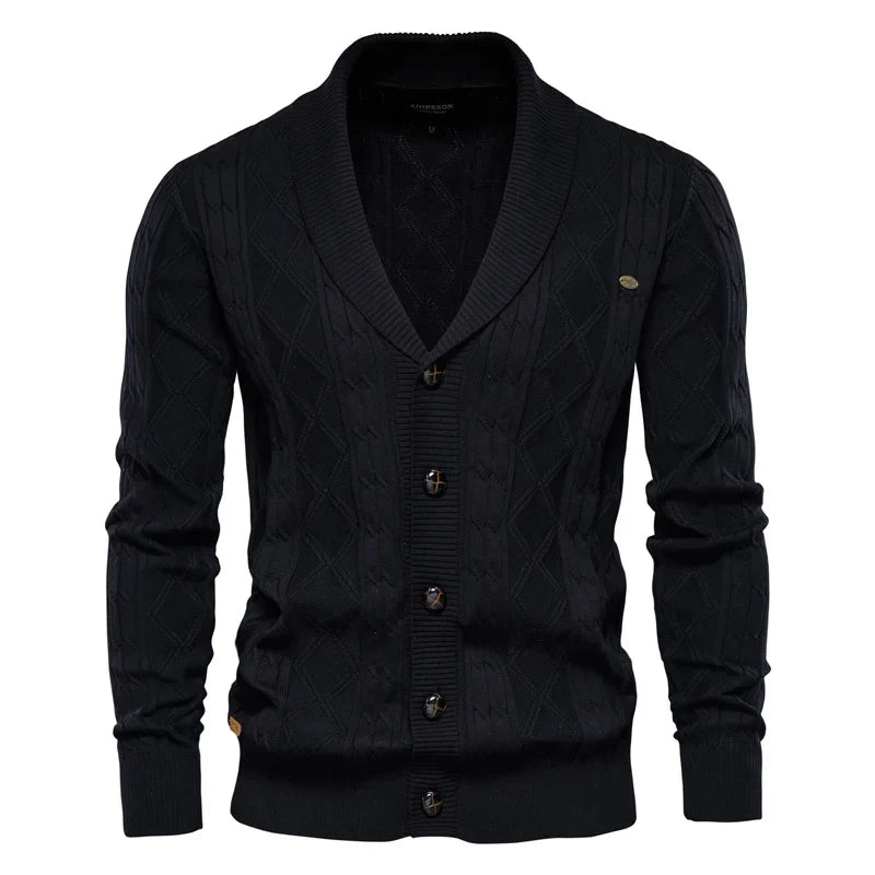 Men's shawl-collar cardigan with diamond pattern and button placket