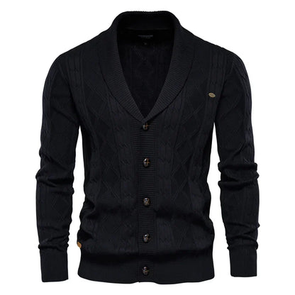 Men's shawl-collar cardigan with diamond pattern and button placket