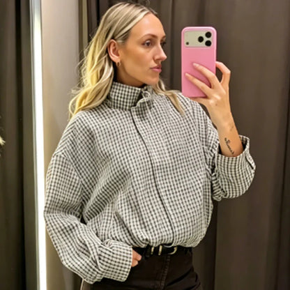 Damen Karo-Bluse Oversize Stehkragen Gesteppte Ärmel