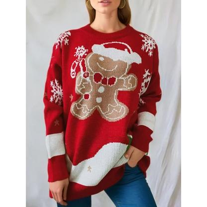 Christmas sweater with gingerbread man motif & snowflakes, red