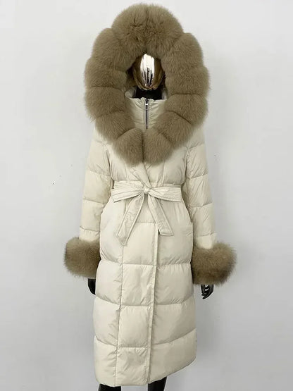 Women's quilted winter down coat with faux fur trim and belt